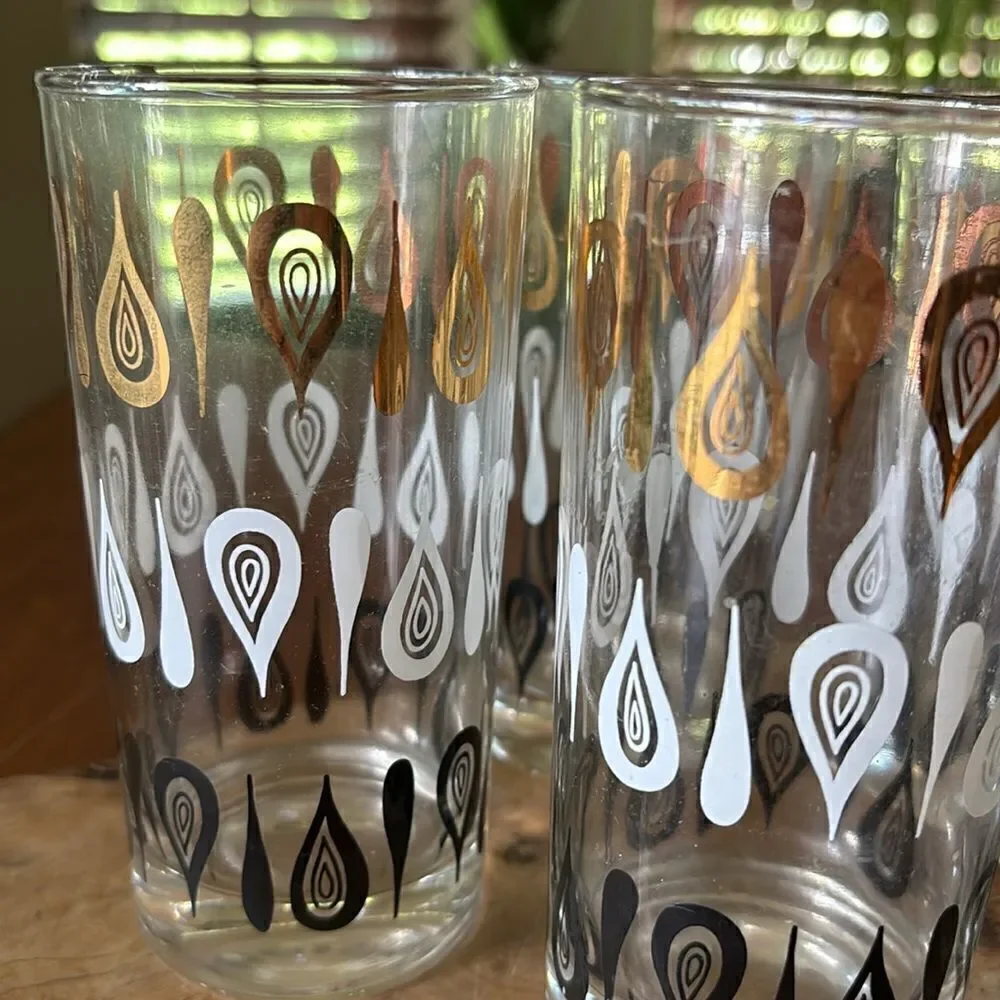 Set of 5 MCM Gold White & Black Teardrop High Ball Cocktail Glasses